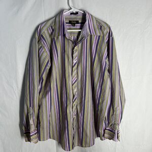 Moshiko Button Front Shirt - Multi-Color Striped Size XL (17-17.5)